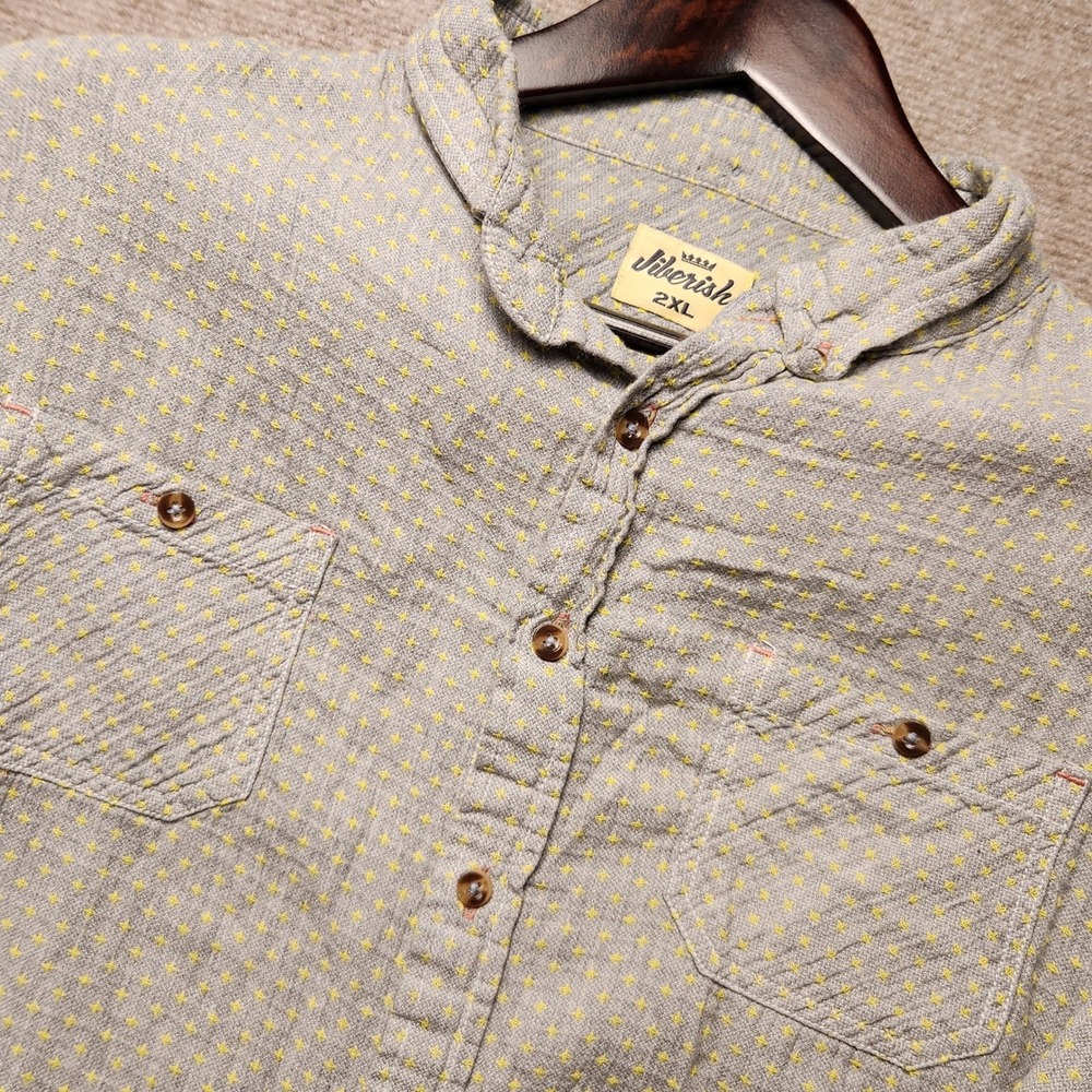 Jiberish Button Down Shirt Mens 2XL Gray Yellow Cross Stitch Long Sleeve Pockets